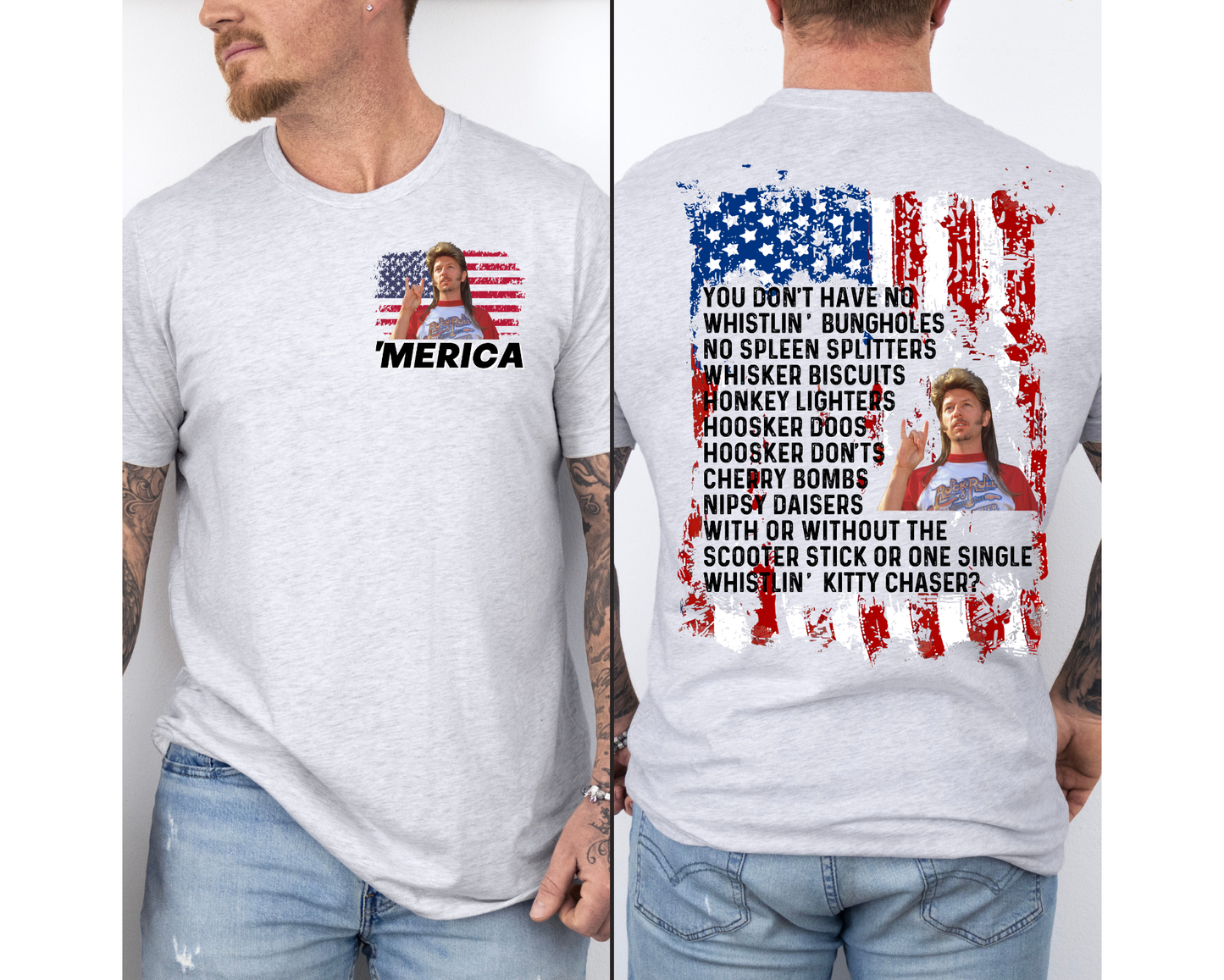 Funny 'Merica Patriotic Graphic T-Shirt | Front & Back Print | USA Flag Independence Day Tee | Unisex Adult Shirt