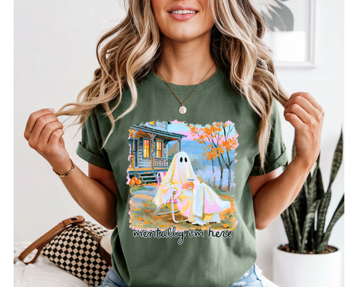 Mentally I'm Here Ghost Fall T-Shirt | Cozy Halloween Graphic Tee