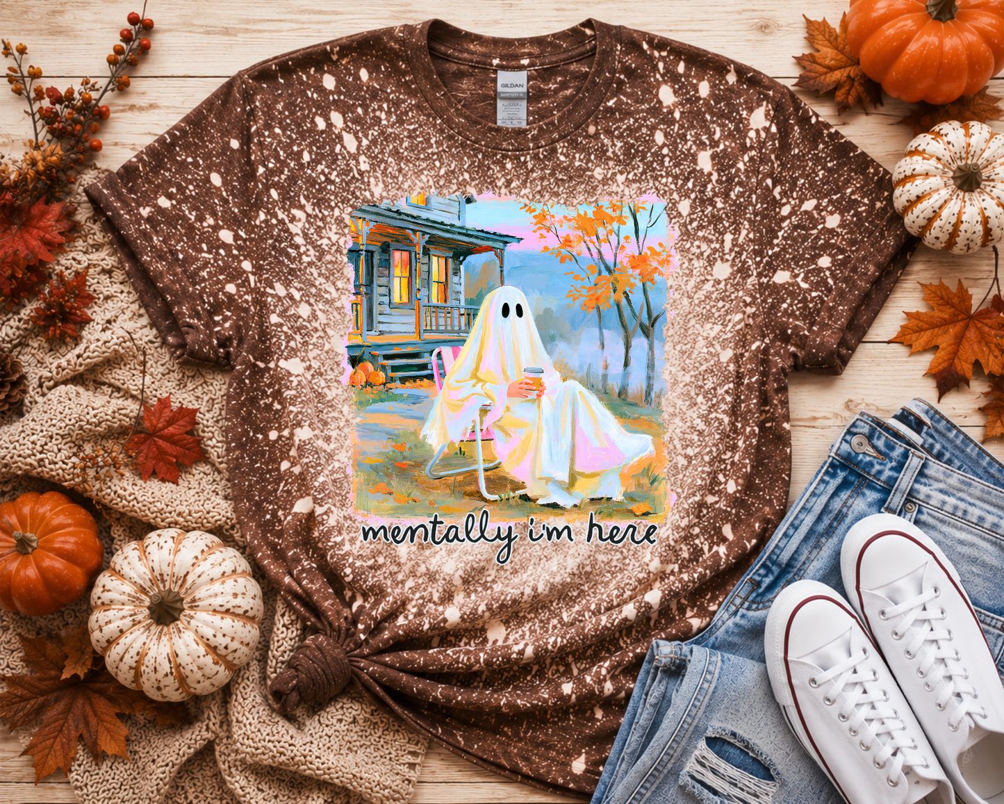 Mentally I'm Here Ghost Fall T-Shirt | Cozy Halloween Graphic Tee