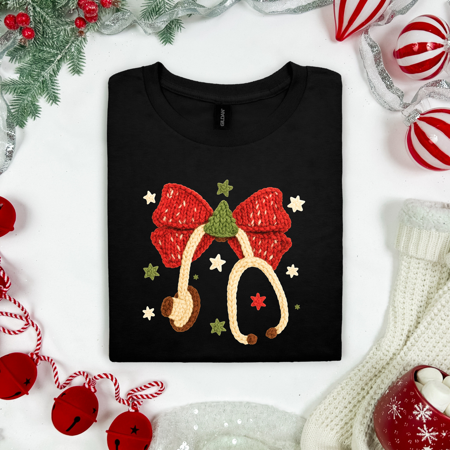 Nurse Bow Christmas T-Shirt | Festive Holiday Tee for Healthcare Heroes