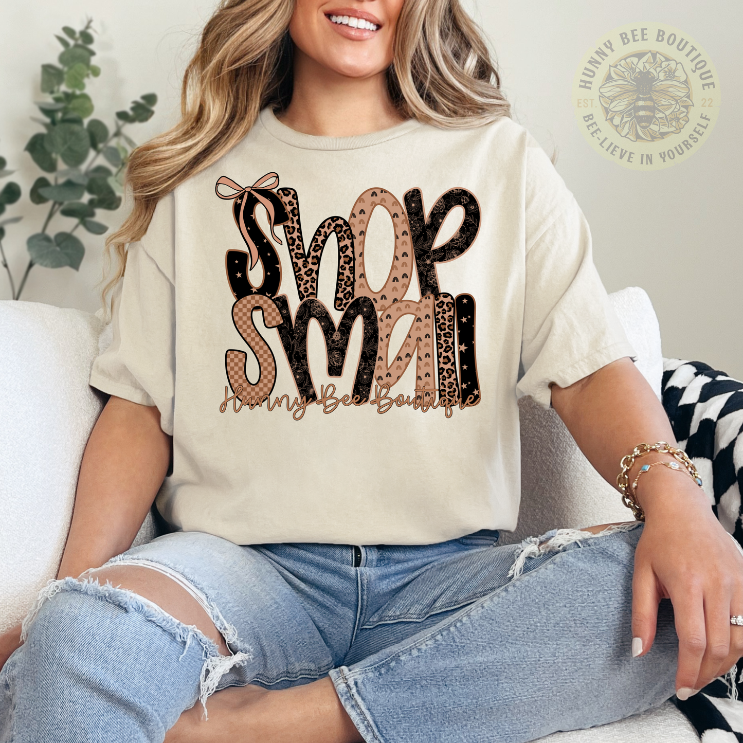 Shop Small Boutique Graphic Tee | Neutral Leopard Bow Women's T-Shirt
